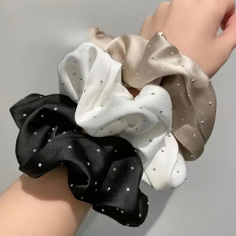 3 Silky Satin and Rhinestone Hair Scrunchies